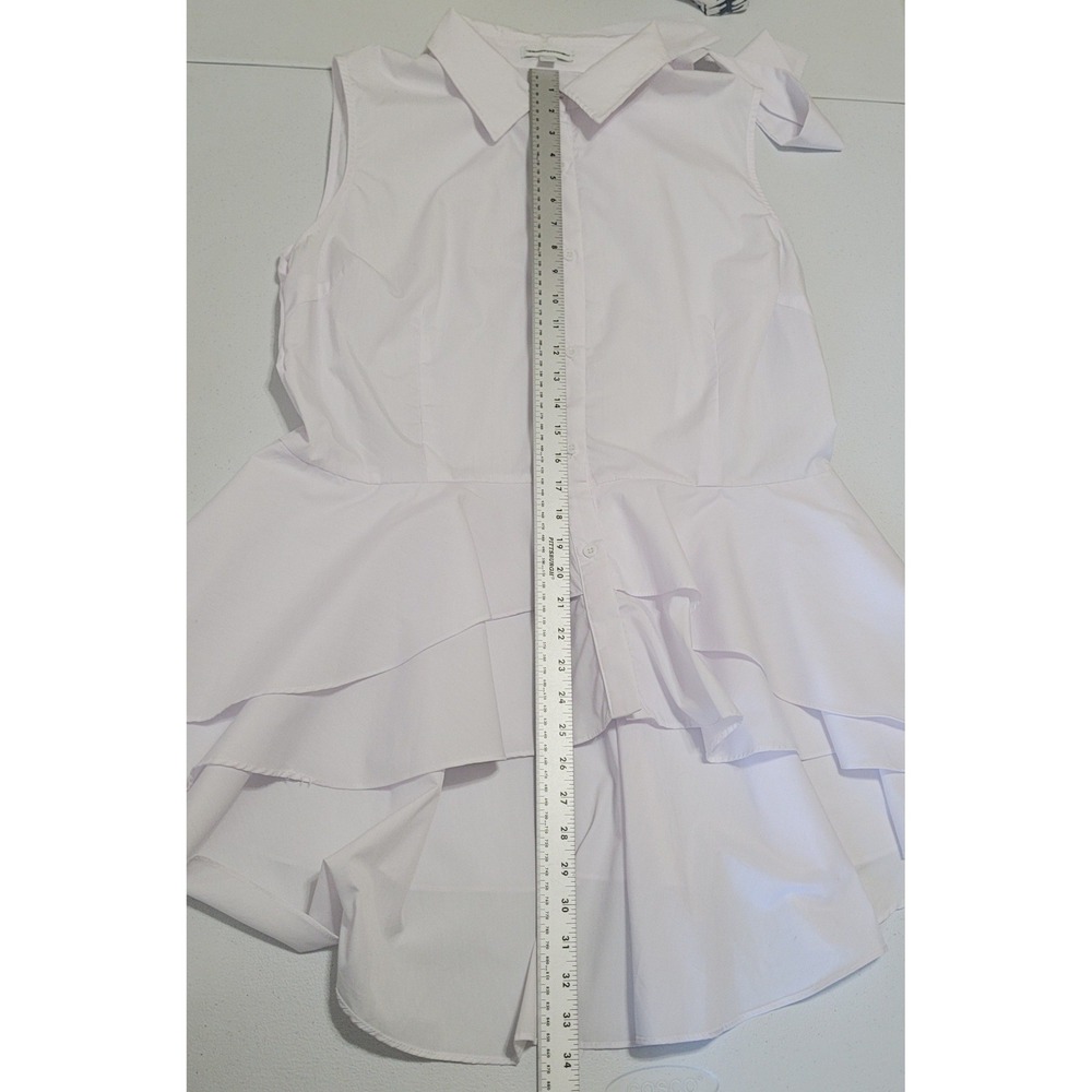 New York & Co Sleeveless Blouse XL White Bow Tie Neck Tiered Ruffle Peplum Hem - Picture 7 of 8
